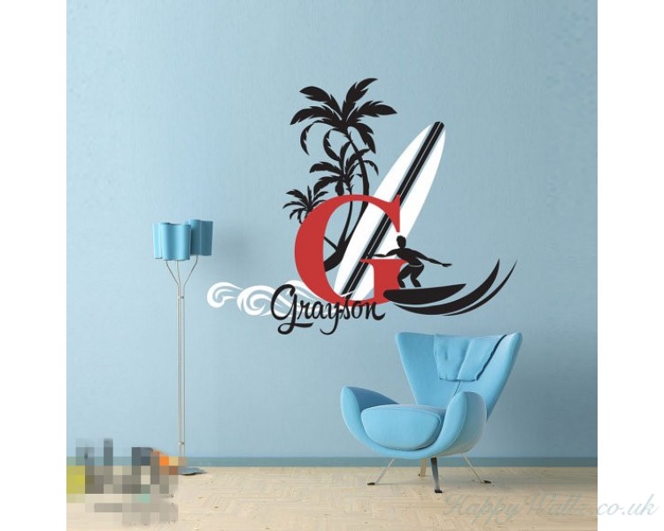 Surfer Dude Name Decal Vintage Style Monogram - Personalized - Teen decor with surfboard palm trees and wave Surfer Dude Name Decal Vintage Style Monogram - Personalized - Teen decor with surfboard palm trees and wave